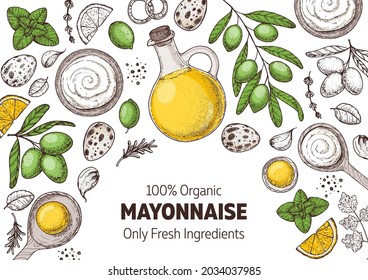 Mayonnaise sauce cooking and ingredients sketch, hand drawn vector illustration. Homemade mayonnaise sauce, design elements. Hand drawn package design.