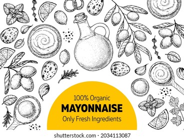 Mayonnaise sauce cooking and ingredients sketch, hand drawn vector illustration. Homemade mayonnaise sauce, design elements. Hand drawn package design.