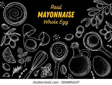 Mayonnaise sauce cooking and ingredients sketch, hand drawn vector illustration. Homemade mayonnaise sauce, design elements. Hand drawn package design.Oil and eggs