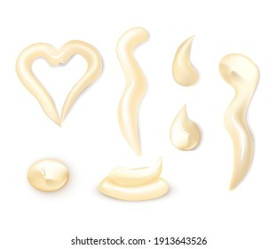 Mayonnaise sauce in different dips, swirls and drips set. Tasty creamy dressing of mayo vector illustration. Portions of various shapes of gourmet seasoning isolated on white background.