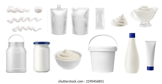 Mayonnaise sauce food package mockup. Realistic 3d vector containers, plastic and glass jars. Mayonnaise strokes or splashes, fresh product in isolated bowls, boxes, sachet packs, buckets and