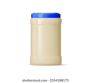 Mayonnaise sauce glass package. Realistic 3d vector glass or plastic jar with a blue lid. Isolated food packaging for advertising and product demonstration emphasizing production quality and freshness