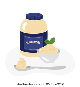 Mayonnaise, sauce in a jar, beautifully laid out next to it in a cup and on a spoon, concept. Vector illustration in a cartoon flat hand-drawn style. For design, banner, advertising.