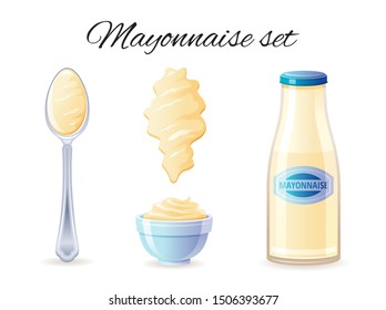 Mayonnaise sauce. Mayo sauce bottle, bowl, spoon, splash. Food icon set with logo label package, mock up. Glass mayonnaise bottle, 3d realistic vector illustration isolated on white background