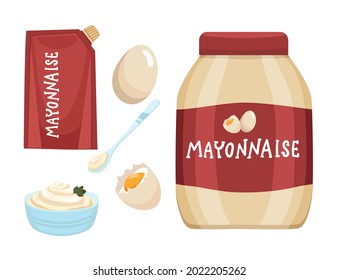 Mayonnaise sauce. Mayo sauce bottle, bowl, spoon, splash, eggs . Set of food icons . Glass bottle of mayonnaise, vector illustration isolated on white background