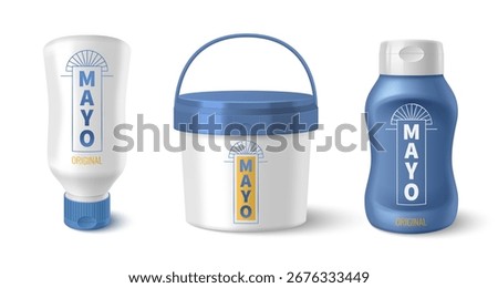 Mayonnaise sauce package set with bottle designs and branded containers for food products. White squeeze tube with cap, bucket with handle and plastic dispenser for condiments. Mayo packaging mockups