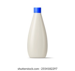 Mayonnaise sauce plastic bottle package with a blue cap. Isolated realistic 3d vector container filled with mayo condiment. Food packaging for storing product, cooking and culinary presentations