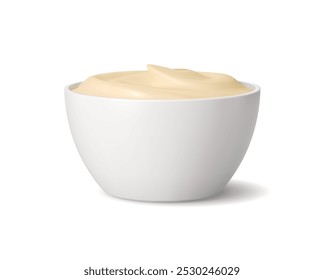 Mayonnaise sauce, realistic ceramics bowl filled with smooth sour cream, yogurt or mayo with light, pale yellow color, swirl and rich creamy texture. Isolated mayonnaise sauce, culinary dressing dish