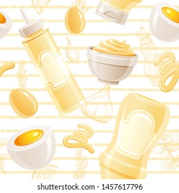 Mayonnaise sauce seamless pattern. 3d repeat food wallpaper pattern with sauce bottles, cup bowl, vegetable, hot spice. Trendy mayo vector illustration with sketch elements, isolated white background