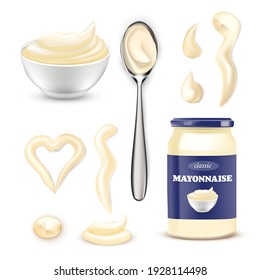 Mayonnaise sauce set. Bowl, bottle, spoon with mayo vector illustration. Jug with blue packaging, creamy dips and drips of different shape. Dressing for food product design.