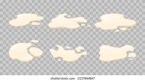 Mayonnaise, sauce set on a transparent background. Spilling puddles of beige liquid. Vector cartoon illustration.