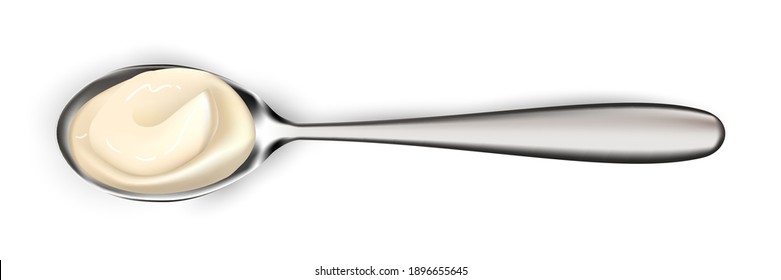 Mayonnaise Sauce In Spoon. Dollop Of Mayo Vector Illustration. Portion Of Gourmet Seasoning Isolated On White Background. Tasty Creamy Dressing For Food Product Design In Kitchen.