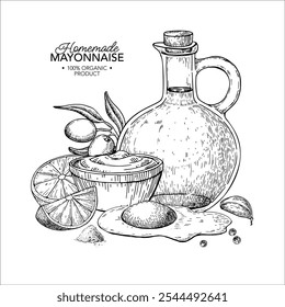 Desenho vetorial de molho de maionese. Orgânico caseiro macio creme ingredientes esboço. tigela Mayo, azeite, ovos, limão, alho, pimenta desenhado à mão ilustração. Conceito de design de empacotamento, banner, modelo. 