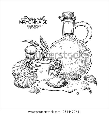 Mayonnaise sauce vector drawing. Organic homemade mayo cream ingredients sketch. Mayo bowl, olive oil, eggs, lemon, garlic, pepper hand drawn illustration. Packaging design concept, banner, template. 