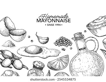 Desenho de rótulo de vetor de molho de maionese. Orgânico caseiro macio creme ingredientes esboço. Azeite, ovos, limão, alho, pimenta desenhado à mão ilustração. Conceito de design de embalagem, banner, modelo, quadro