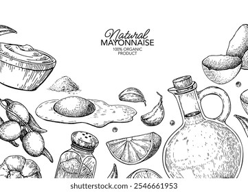 Desenho de rótulo de vetor de molho de maionese. Orgânico caseiro macio creme ingredientes esboço. Azeite, ovos, limão, alho, pimenta desenhado à mão ilustração. Conceito de design de embalagem, banner, modelo, quadro