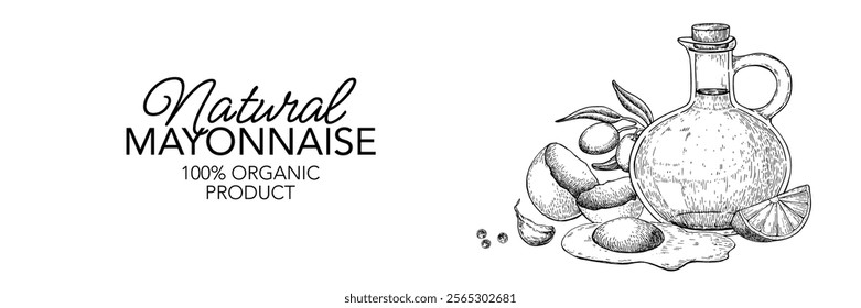 Mayonnaise sauce vector label drawing. Organic homemade mayo cream ingredients sketch. Olive oil, eggs, lemon, garlic, pepper hand drawn illustration. Packaging design concept, banner, template, frame