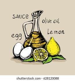 Mayonnaise sauce from vegetable oil, egg yolks and lemon juice. Color sketch vector. Cartoon food ingredients.