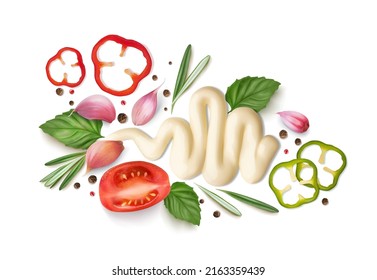 Mayonnaise sauce with vegetables. Vector illustration.