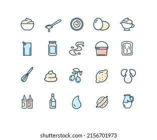 Mayonnaise Sign Thin Line Color Icon Set Include of Jar and Ingredient. Vector illustration of Icons