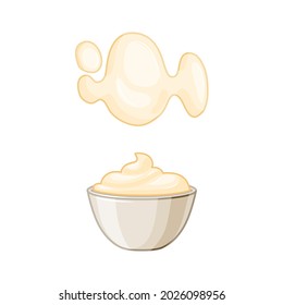Mayonnaise in  small round bowl on a white isolated background. Creamy sauce stain. Side view. Vector set in the cartoon style.