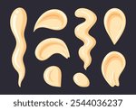 Mayonnaise smears. Mayo sauce dip, mayonnaise sauce splashes, junk food dressing sauce flat vector illustration set. Cartoon mayonnaise stains