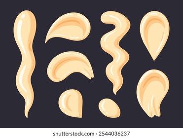 Mayonnaise smears. Mayo sauce dip, mayonnaise sauce splashes, junk food dressing sauce flat vector illustration set. Cartoon mayonnaise stains