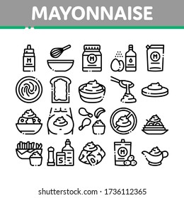 Iconos De Colección De Salsas De Especias Mayonesa Fija Vector. Frasco De Mayonesa Y Preparación En Tazón Con Mezclador, Patata Frita Y Pictogramas Lineales De Comida. Ilustraciones de contorno monocromo