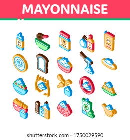 Mayonnaise Spice Sauce Collection Icons Set Vector. Mayonnaise Bottle And Preparing In Bowl With Mixer, Fry Potato And Meal Isometric Illustrations