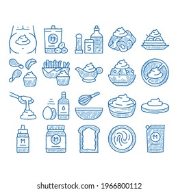 Mayonnaise Spice Sauce sketch icon vector. Hand drawn blue doodle line art Mayonnaise Bottle And Preparing In Bowl With Mixer, Fry Potato And Meal Illustrations