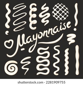 Mayonnaise stains, squeeze and splashes. Vector set of mayo sauce drips, isolated swirls, waves, snakes and curve lines. Heart, zigzag and grid shaped drops and blobs or realistic glossy texture