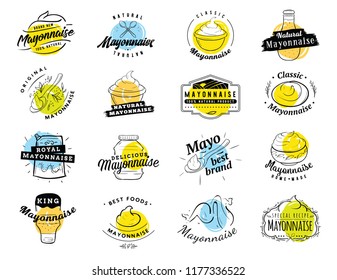 Mayonnaise typography. Logo design. Sauce in bottles and bowls.