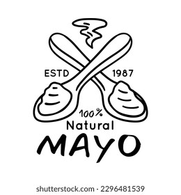 Mayonnaise Typography Sign Thin Line Badge Label. Vector illustration of Natural Mayo and Spoon Promotion Concept