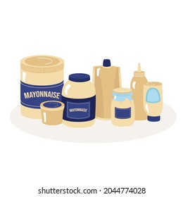 Mayonnaise von verschiedenen Arten, Gläser mit Sauce, Glas, Plastikeisen, Tasche mit dem Boden. Vektorgrafiken in einem handgezeichneten Cartoon-Stil. Für Design, Banner, Werbung.