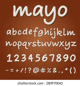 Mayonnaise vector alphabet. Sauce ABC letters, hand-made font.