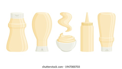 Mayonnaise vector bottles, sauce jar and bowl. 3d cartoon mayo packaging and stain. 3d cartoon mayo packaging. Condiment mayonnaise container icon set. Food illustration on white background