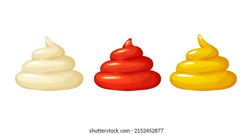 Mayonnaise,ketchup,mustard swirl isolated on white background.Shiny white,red,yellow sauce in realistic style.Vector flat illustration