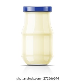 Mayonnnaise in glass jar with blue lid. Vector illustration. Packaging collection.