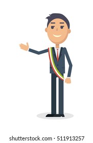 Personagem do prefeito. Homem sorridente em terno e fita listrada tricolor em cores nacionais italianas ilustração vetorial plana isolada no fundo branco. Para viagens, turismo, design conceito político