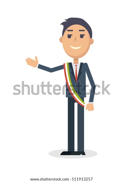 Mayor character. Smiling man in suit and tricolor\
striped ribbon in italian national colors flat vector illustration\
isolated on white background. For travel, touristic, political\
concept design  