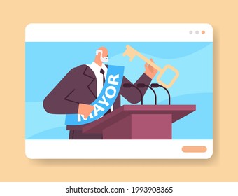 mayor with key giving speech from tribune in web browser window public statement concept