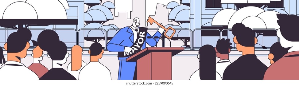 mayor with key giving speech from tribune public statement concept horizontal cityscape background