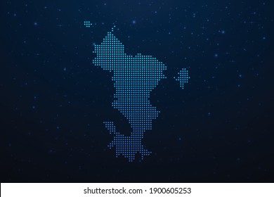 Mapa con puntos de Mayotte de estilo futurista, contorno brillante hecho de puntos de estrellas. Comunicación, concepto de tecnologías de internet sobre fondo del espacio azul oscuro. Ilustración vectorial.