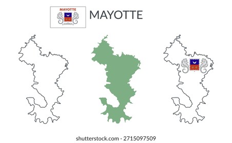 Fronteiras geográficas de Maiote isoladas sobre fundo branco. Bandeira de Mayotte. Cliparts planas vetoriais.