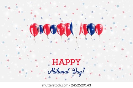 Mayotte Independence Day Sparkling Patriotic Poster. Row of Balloons in Colors of the French Flag. Greeting Card with National Flags, Confetti and Stars.