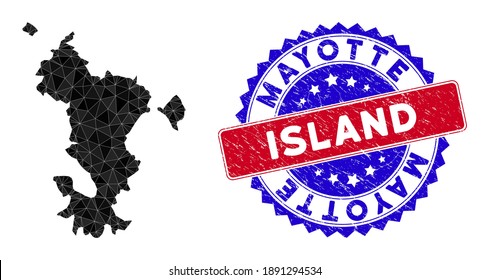 Mayotte Island kartografiert polygonales Netz mit gefüllten Dreiecken und Gummi Bicolor Gummi Siegel. Triangle mosaic Mayotte Island map with mesh vektormodel, dreiecke haben randomisierte Größen und Positionen,