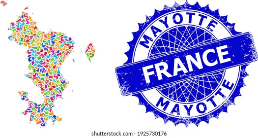 Mayotte Islands map vector image. Splash mosaic map and corroded stamp for Mayotte Islands. Sharp rosette blue stamp seal with text for Mayotte Islands map.