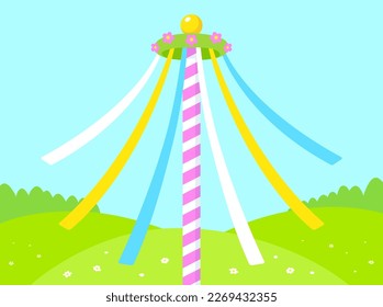 Maypole decorated with flowers and ribbons, May Day festival celebration. Cartoon vector clip art illustration.