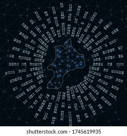 Mayreau digital map. Binary rays radiating around glowing island. Internet connections and data exchange design. Vector illutration.