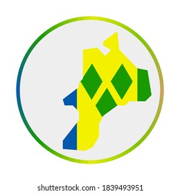 Mayreau Symbol. Form der Insel mit Mayreau-Flagge. Rundzeichen mit Farbverlauf-Ring für Flaggen. Attraktive Vektorgrafik.